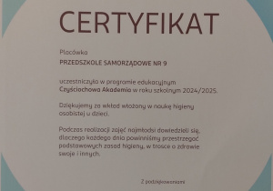 Dzieci z grupy Motylki w roku szkolnym 2024/2025 brały udział w Ogólnopolskim Projekcie Edukayjnym „Czyściochowe przedszkole”.
