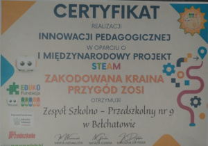 Certyfikat potwierdzający udział w projekcie Zakodowana kraina Przygór Zosi